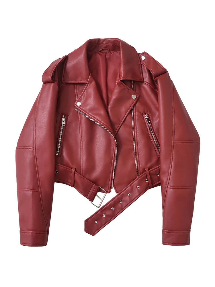 Ailegogo Spring Autumn Women Faux Pu Leather Short Jacket with Belt Motorcycle Biker Female Zipper Lapel Loose Coat Outwear - Matrix Studios
