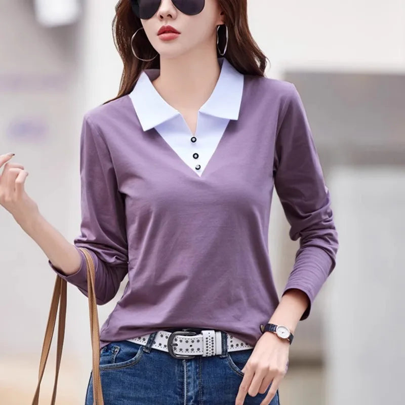 European Station Long sleeved T-shirt Women's Spring/Summer New High end Fashion Contrast Color Polo Neck Slim Fit Casual Top - Matrix-studios.com