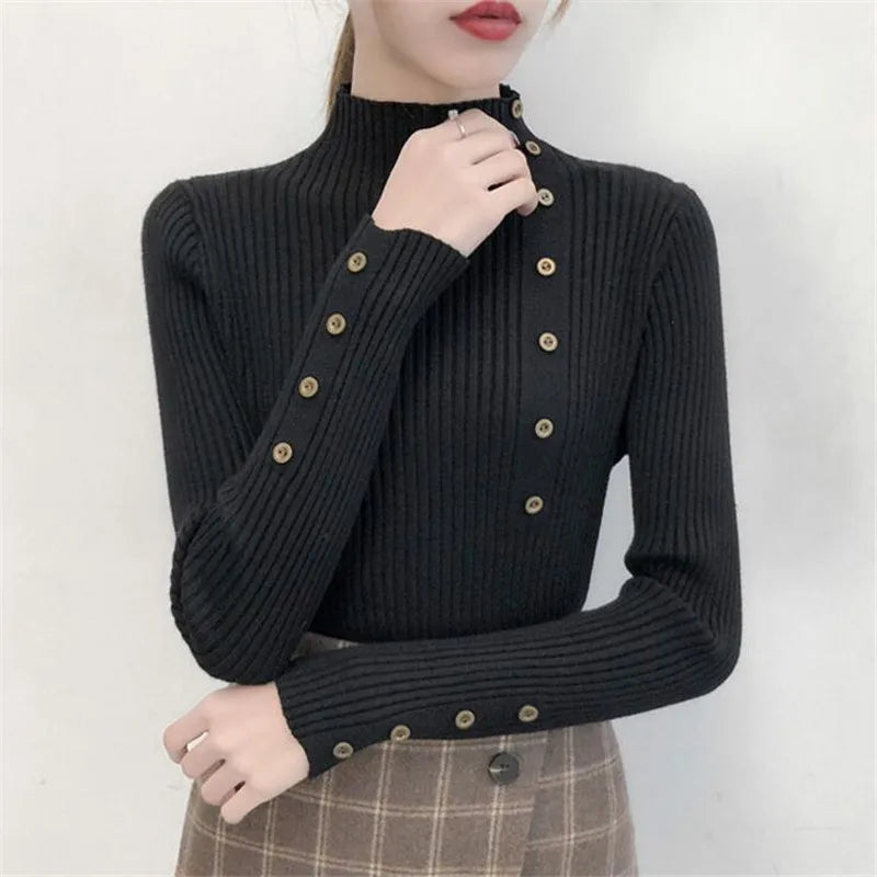 2026 Autumn Knitted Turtleneck Sweaters Women Solid Knitted Female Cotton Soft Elastic Color Slim Pullovers Button Full Sleeve - Matrix Studios