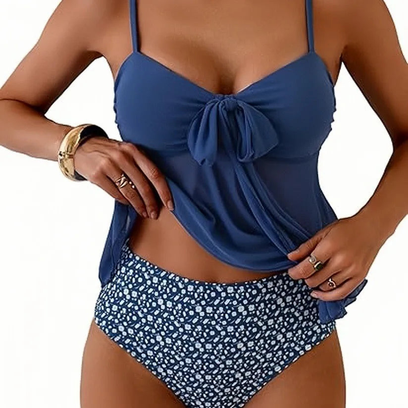 Women Solid Front Bow Chiffon Bikinis Set 2 Piece Tankini Swimsuit Strapless Bandeau Spaghetti Strap High Cut Beach Swimwear - Matrix-studios.com