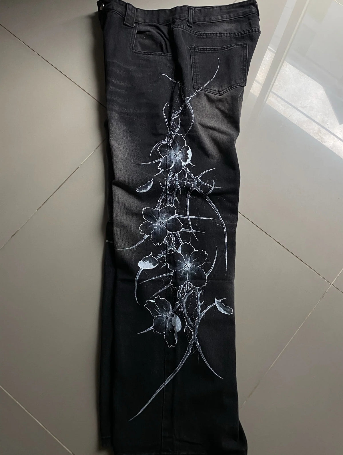 Y2K vintage black thorn Printing baggy jeans harajuku trend brand men women street hip hop fashion casual couple Wide-leg pants - Matrix Studios