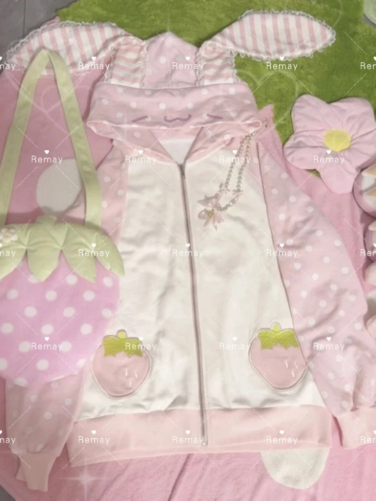 Japanese Kawaii Rabbit Ears Hoodies Tops Women Design Loose Dot Lace Patchwork Cute Coat Harajuku Chic Sweet Lovely Sweatshirts - Matrix Studios