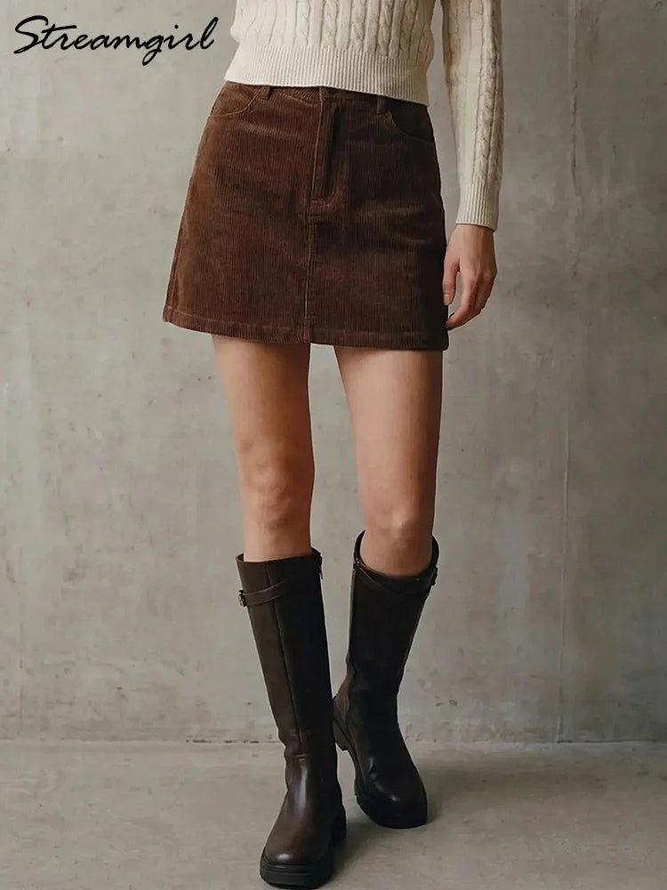 Autumn Corduroy Mini Skirt Burgundy For Women Brown Vintage A Line Short Skirts With Shorts Inside For Women Skirt Corduroy Fall - Matrix-studios.com