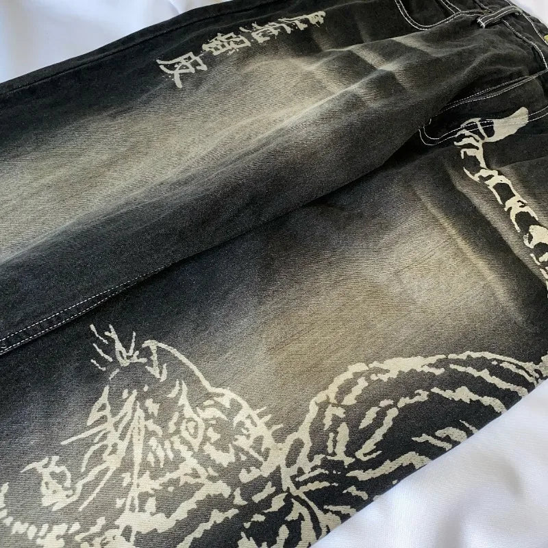 2025 Fashion New Oversized Pattern Printing Baggy Jeans Men Y2K Street Vintage Rock Casual Straight High Waist Wide Leg Trousers - Matrix Studios