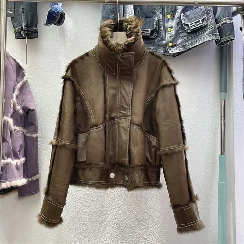 2024 Autumn Short Style Fur Women Sheepskin Jacket Tanned Suede Fabric With 100%Natural Rabbit Lining Luxury Fashion Coat - Matrix Studios