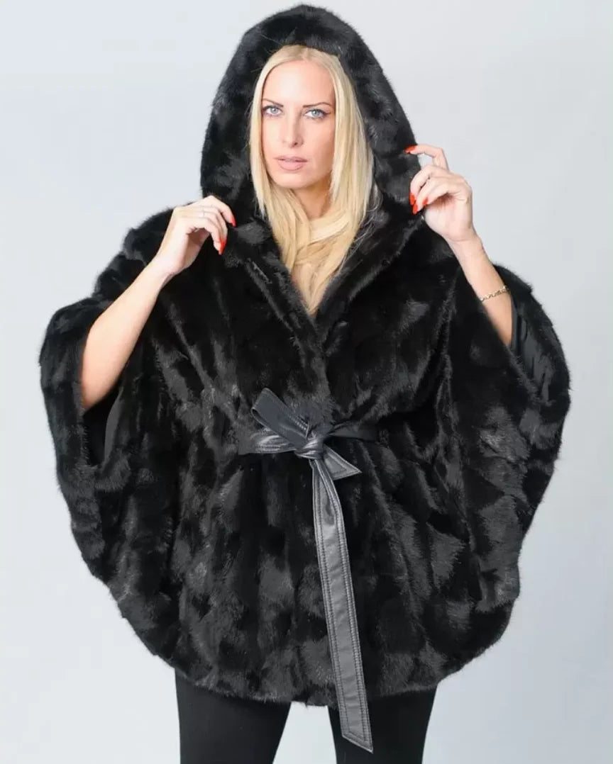 2026 Women's New Mink Fur Bat Top, Hooded Shawl Jacket, Real Mink Fur Leather Jacket - Matrix Studios