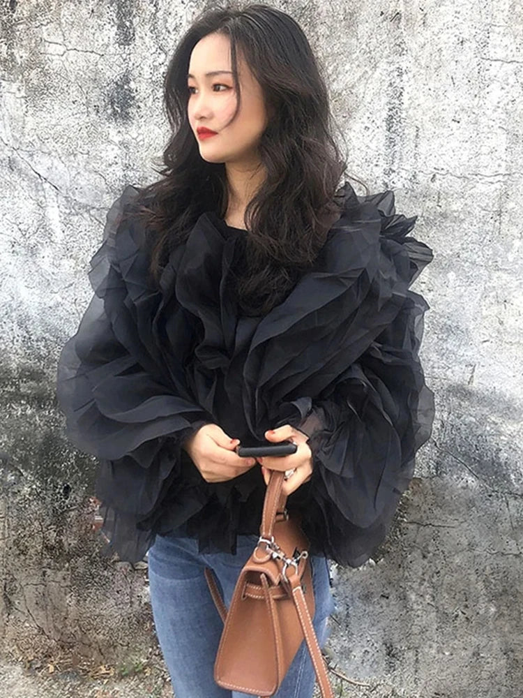 TWOTWINSTYLE Elegant Patchwork Ruffles Chiffon Blouses Women O Neck Lantern Long Sleeve Loose Shirt Female Clothing Fashion - Matrix-studios.com