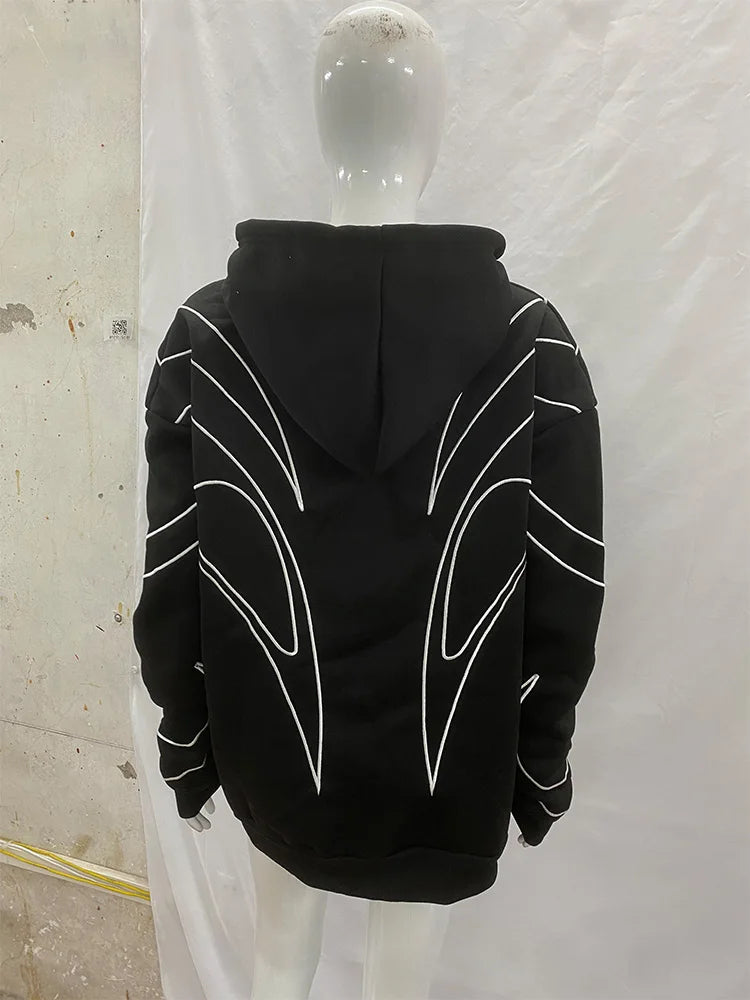 Street Retro Fashion Clothing Striped Embroidered Black Double Zipper Hoodie American Hip-hop Punk Oversized Sweatshirt Women - Matrix Studios
