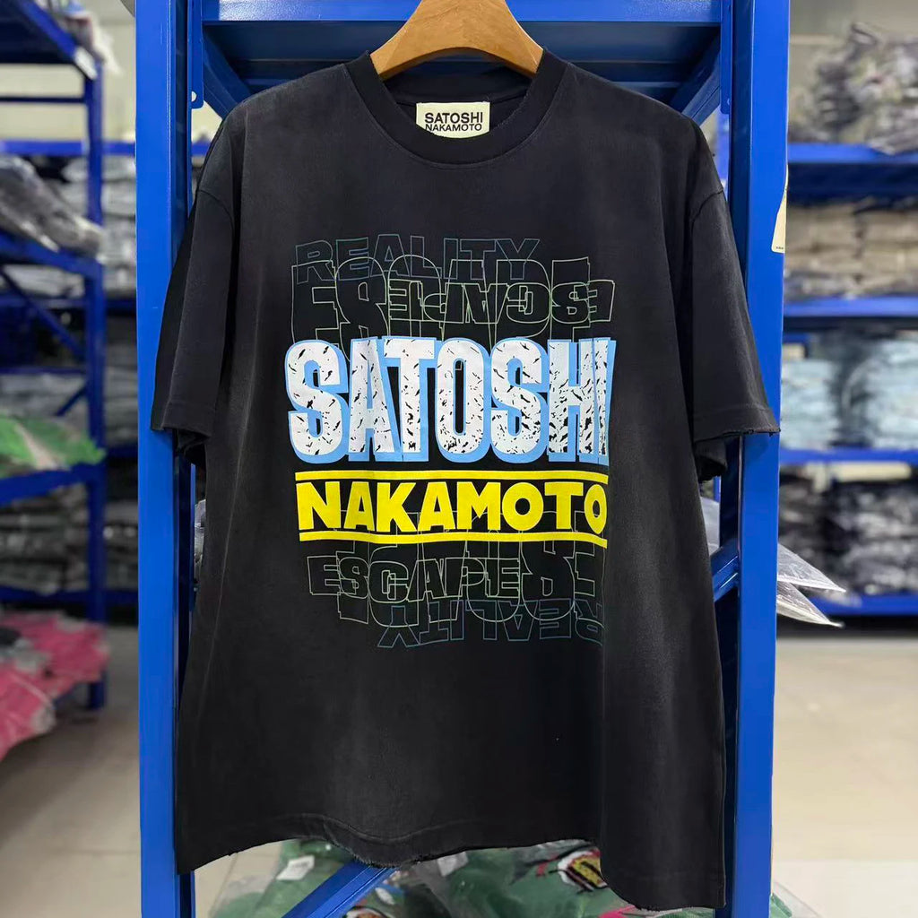 26SS Satoshi Nakamoto T-shirt Men's Multi-color Bead Letter Burst Pattern Print Washed Retro Loose Short Sleeve Streetwear - Matrix-studios.com