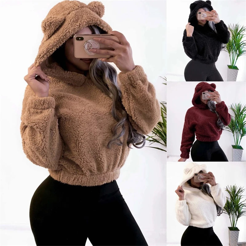 Winter Korean Fashion Bear Ears Cute Loose Hoodie Fluffy Hooded Warm Sweatshirt Long Sleeve Top Solid Pullover Clothes For Women - Matrix Studios