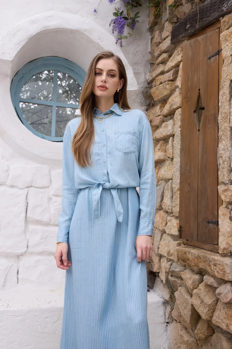 AS  SS26 Lyocell light Denim pinstripe wrap shirt + dress matching set fashionable vitality women's outfit - Matrix-studios.com