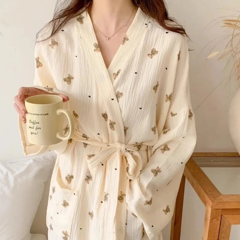 Women Bathing Robe Cartoon Cute Bear Print Bathrobe Nightgown Cardigan Long Sleeve Nightdress Plus Size Loungewear Nightgown Ro - Matrix-studios.com