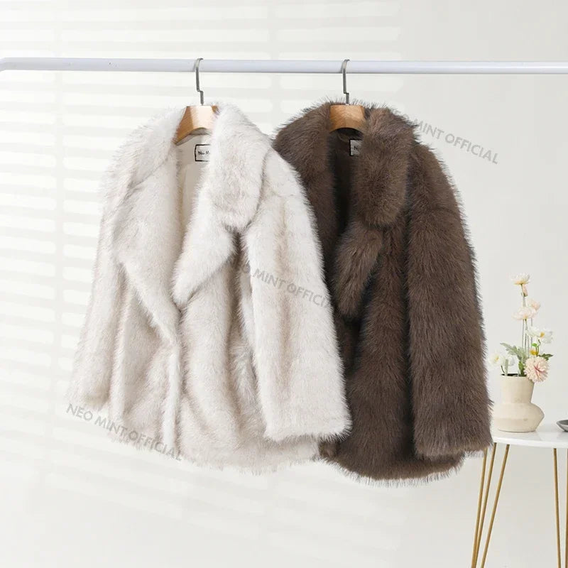 Neo Mint 2024 Winter Faux Fur Coat Women Brand Fashion Fluffy Fox Fur Outerwear Overcoat Girl Street Style Furry Warm Jacket - Matrix Studios
