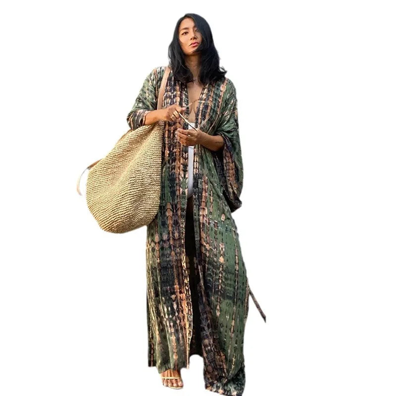 Beach Cover Ups Women Tie Dye Printed Kimono Cardigan Self Belted Wrap Dresses Summer Holiday Bathing Suits - Matrix Studios
