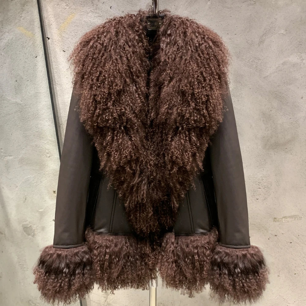Sheep Fur Leather Coats Women Winter Luxury Mongolian Fur Leather Jackets with Long Sleeve with Natural Mongolian Fur 7251 - Matrix Studios