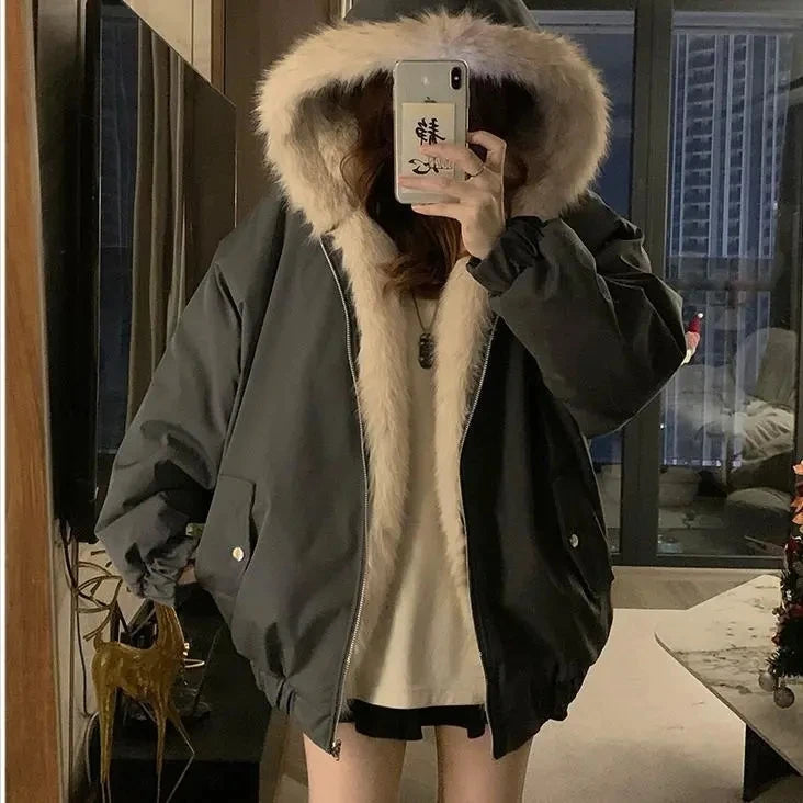 Double-Sided Warm Fur Coat Women Autumn Winter Loose Thicken Plush Cotton Coat 2025 New Women Hooded Imitation Mink Fur Outwear - Matrix Studios