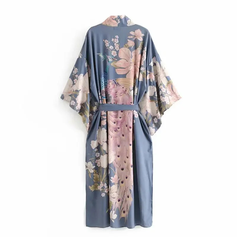 Boho Queens Vintage Peacock Floral Print Sashes Women Bohemian V Neck Batwing Sleeves Ladies Blouses Happie Beach Robe Cover-up - Matrix Studios