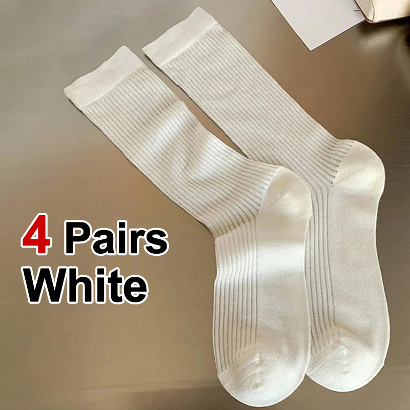 4/8 Pairs Women Solid Color Striped calf Socks Fashion Korean Version Simple Spring Summer Breathable Comfortable Stacking Socks - Matrix Studios