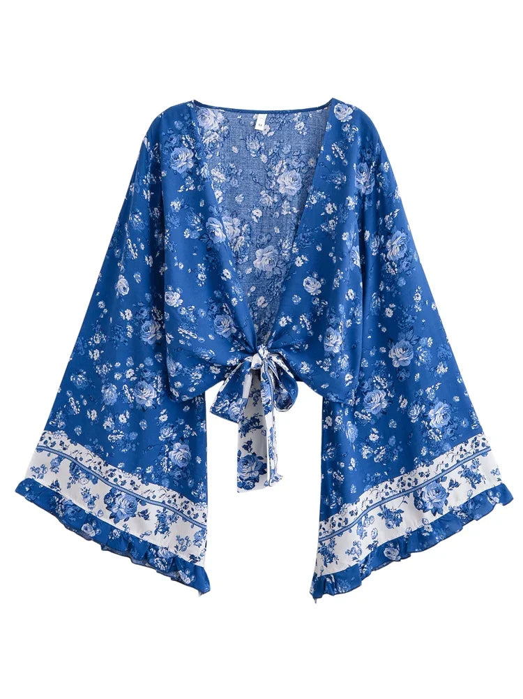 Boho Queens Women Wild Floral 2025 Beach Summer Short Kimono Ruffles Flare Sleeves Vacation Bohemian Bikini Boho Cover-ups - Matrix Studios
