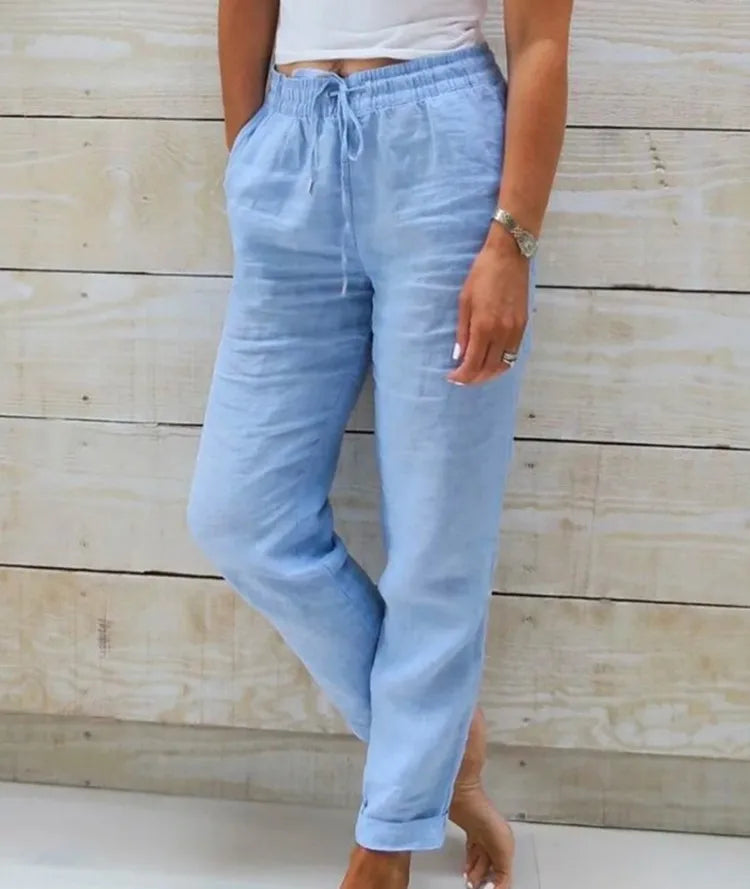 Cotton Linen Summer Pants for Women High Waist Elastic Casual Trousers Streetwear Solid Female Clothes 2026 Loose Pencil Pants - Matrix-studios.com