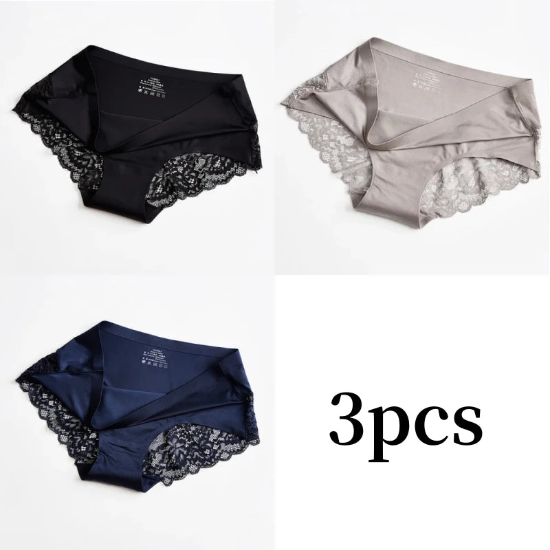 3pcs Lace Women's Panties French Seamless Underwear Female Ice Silk Briefs Solid Color Breathable Underpants Lingerie - Matrix Studios