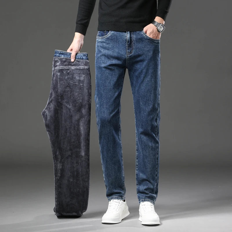 Winter Fleece Thick Warm Jeans Men's Slim Straight Elastic Denim Pants Casual Male Clothing Fashion Plush Trousers - Matrix Studios