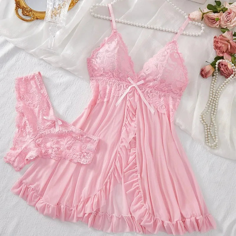 Sexy Lingerie Set Women Erotic Bra Nightdress Sexy Lace Sleepwear Solid Slim Soft Dresses V Neck Full Slip Sleepwear & Dresses - Matrix-studios.com