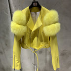 Leather Jacket Factory Ladies Short Leather Jacket Real Fox Fur Sleeve Coat Women Autumn 21001 - Matrix Studios