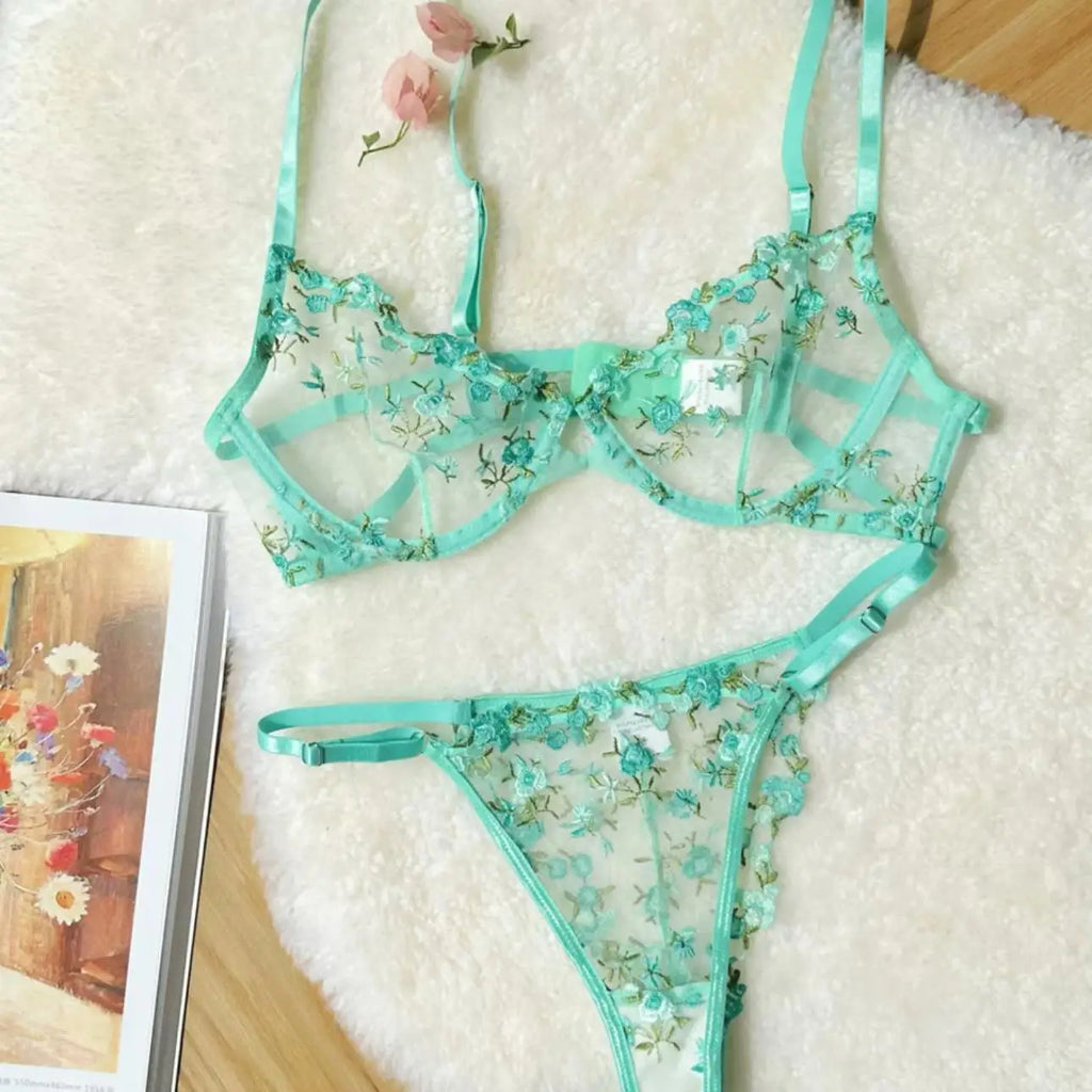 YUQI French Elegant Lingerie Set-Floral Embroidery Semi-Transparent Bra & Brief,Black Sensual Women's Underwear Luxury Intimates - Matrix-studios.com