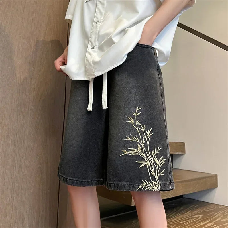 Summer Y2K Baggy Jorts For Men 2026 New Embroidered Short Jean Pants Vintage Wide Leg Bermuda Hip Hop Streetwear Denim Shorts