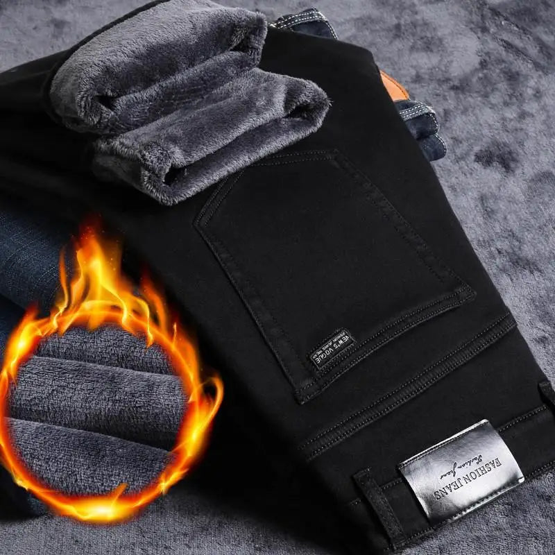 2025 New business casual Trousers Grey Fleece Men Clothes Black Elasticity Warm Winter Jeans Velvet Jeans - Matrix Studios