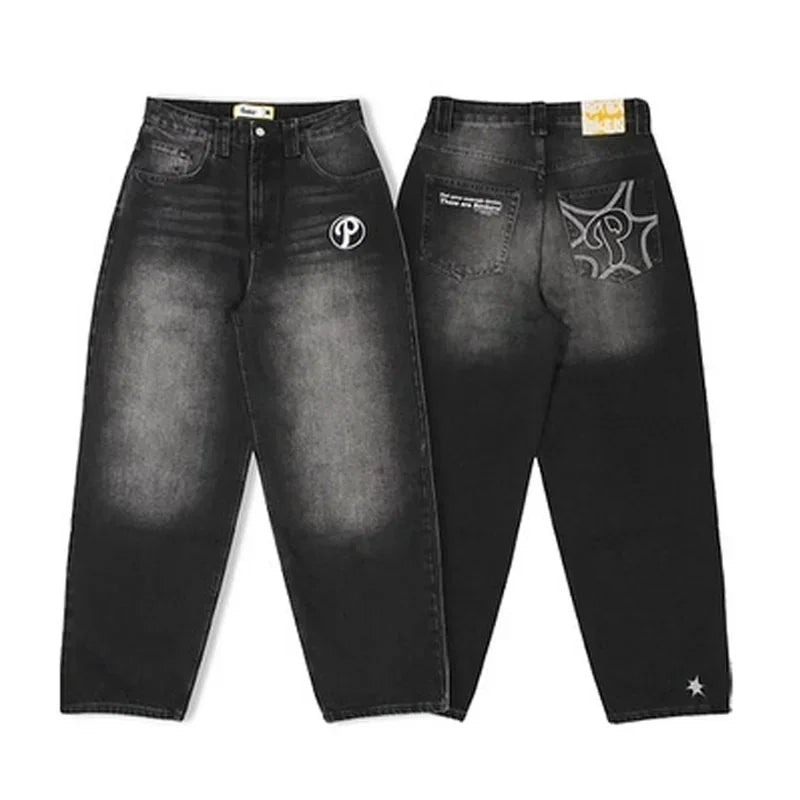 American Trend Retro Gothic Embroidery Graphics Washed Baggy Jeans Women's Y2K New Harajuku Hip-Hop Punk Rock Couple Street Wear - Matrix Studios