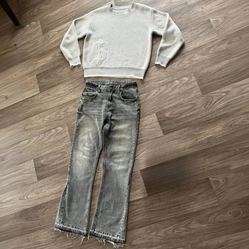 Y2K Retro Jeans Light Color Dollar Pattern Embroidery Splice Denim Pants Gothic Hip Hop Streetwear Men Women Fashion Baggy Pants - Matrix Studios