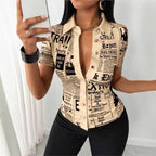 Women's Elegant Blouses Summer Fashion Newspaper Pattern Print Single Breasted Short Sleeve Women Shirt V-neck Casual Tops Shirt - Matrix-studios.com