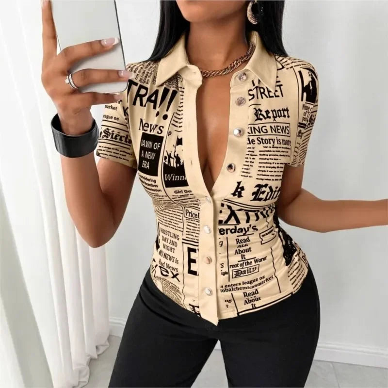 Women's Elegant Blouses Summer Fashion Newspaper Pattern Print Single Breasted Short Sleeve Women Shirt V-neck Casual Tops Shirt - Matrix-studios.com