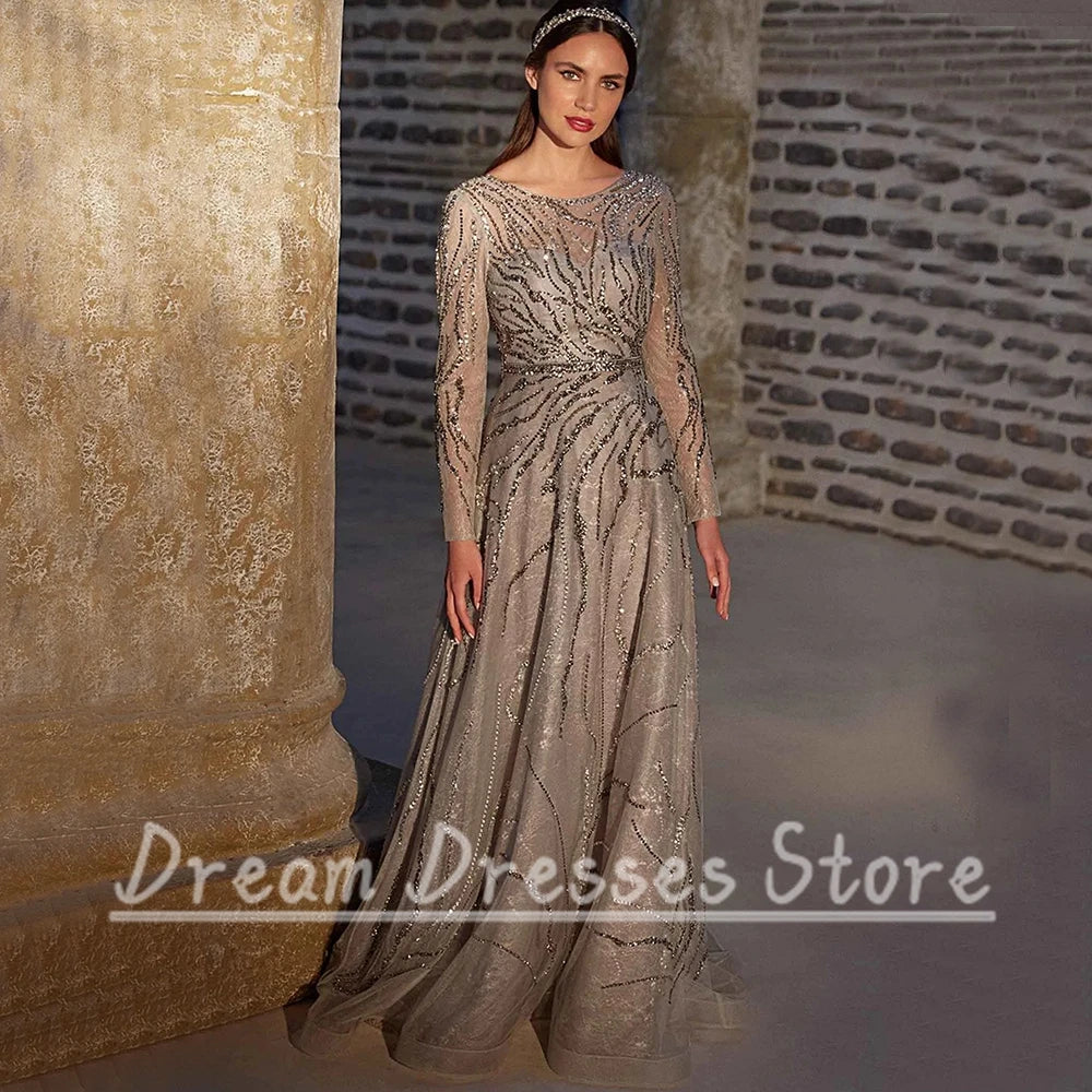 Exquisite O-Neck Long Sleeve Evening Dress Women Party A-Line Floor Length Shiny Beading with Belt High Quality Customized Gowns - Matrix Studios
