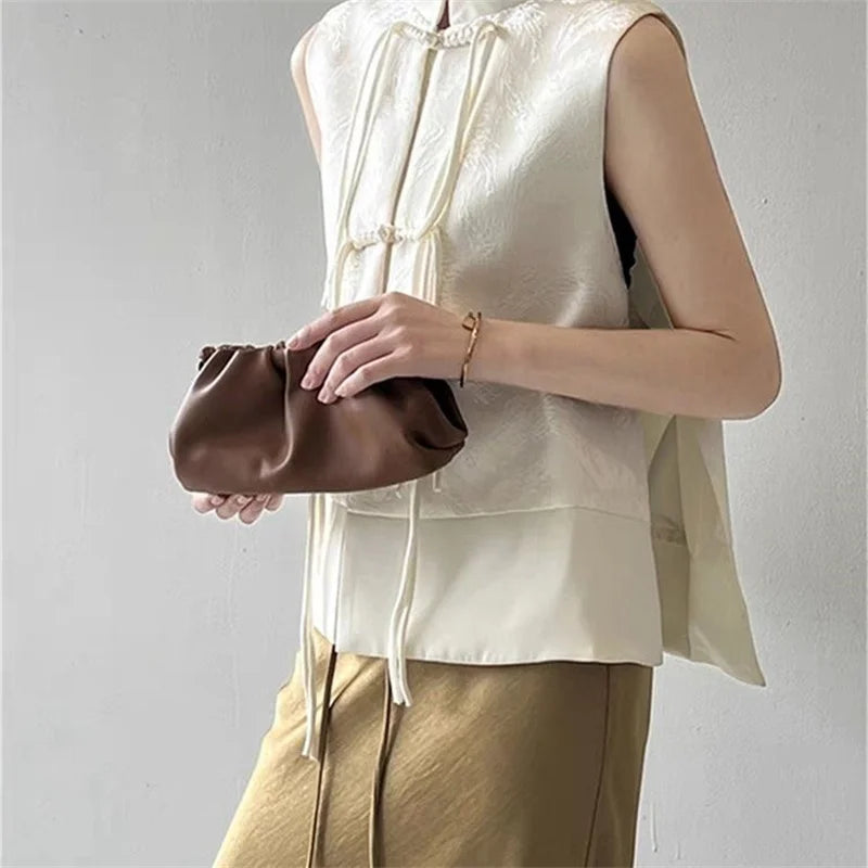 Chinese New Plate Button Vest Jacket 2025 Spring New Jacquard Stand Collar Sleeveless Waistcoat Retro Women Cheongsam Tops - Matrix Studios