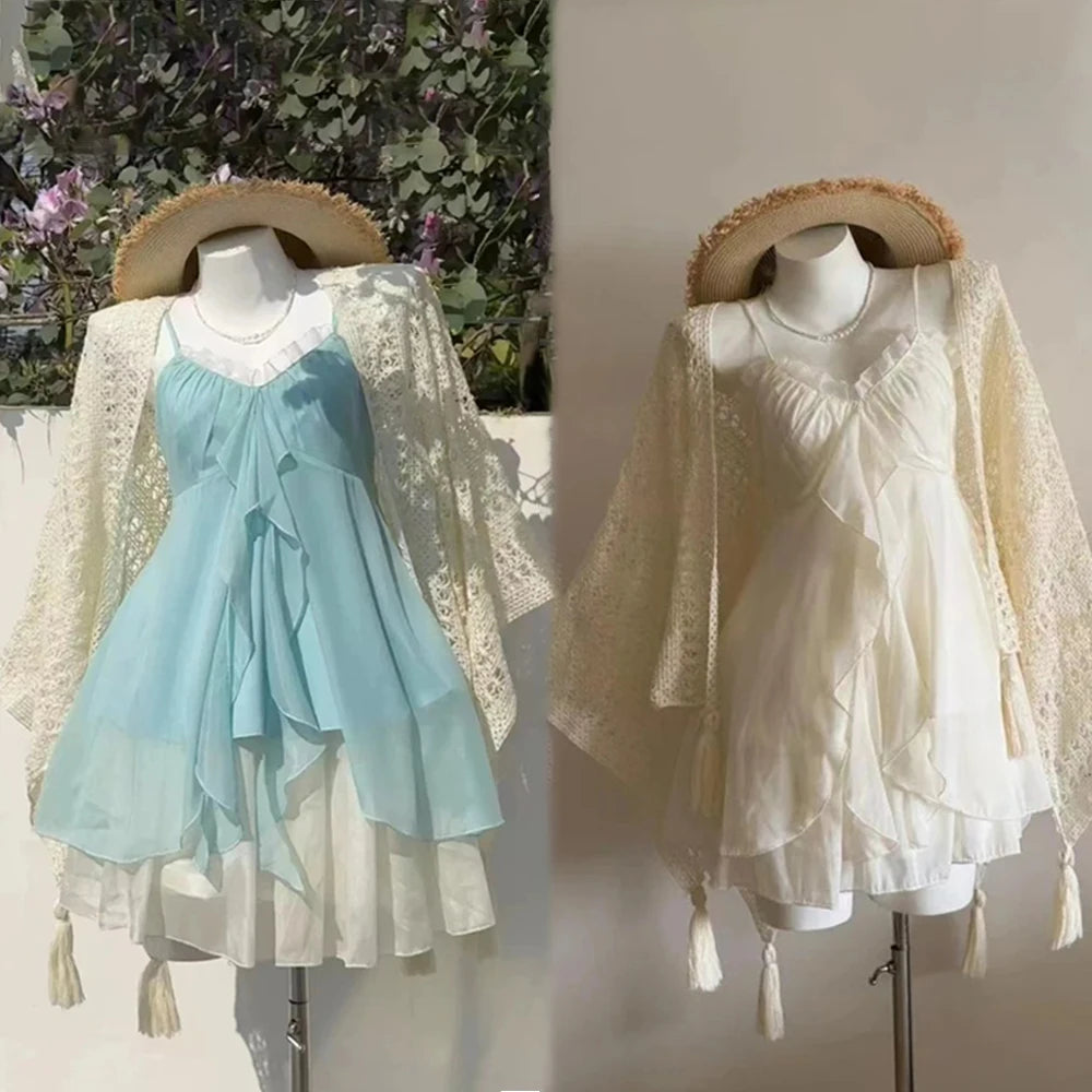 Casual Beach Style 2 Piece Skirt Sets Women Y2k Crop Top Vest + Mini Skirts Sweet Elegant Kawaii Vintage Suits Korean Fashion - Matrix-studios.com