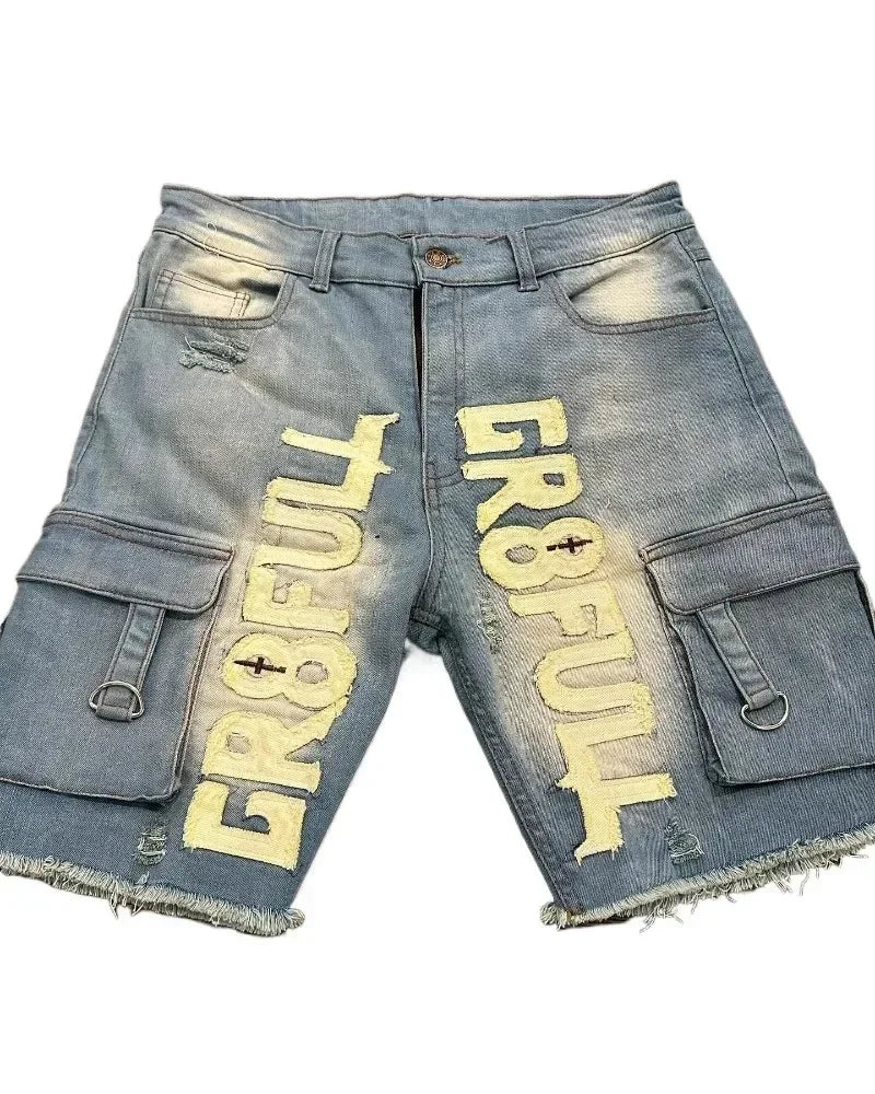 American New Retro Letter Embroidery Tooling Denim Shorts Trend Gothic Y2K Harajuku Hip-hop Loose Sports Shorts Street clothes