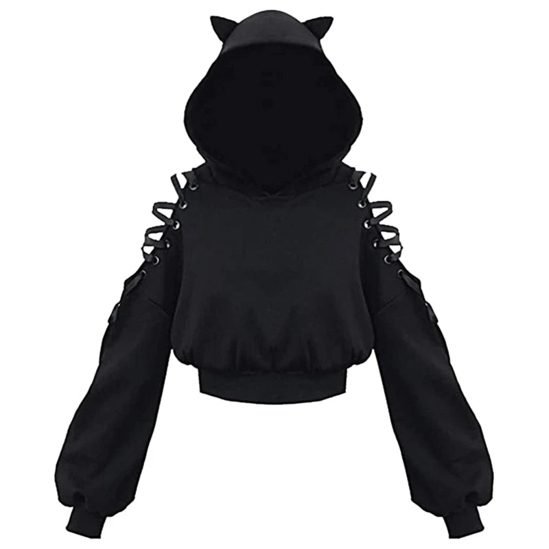 Y2k Gothic Womens Hoodie Cat Ear Crop Top Hooded Sweatshirt Hollow Out Lace Up Long Sleeve Hodded Casual Pullover Autumn - Matrix Studios
