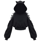 Y2k Gothic Womens Hoodie Cat Ear Crop Top Hooded Sweatshirt Hollow Out Lace Up Long Sleeve Hodded Casual Pullover Autumn - Matrix Studios