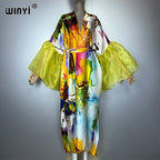 WINYI Summer Kimono Party Dress Beach Wear Swim Suit Cover Up African Women Loose Puff(ed) Sleeves Cardigan Boho Holiday Kaftan - Matrix Studios
