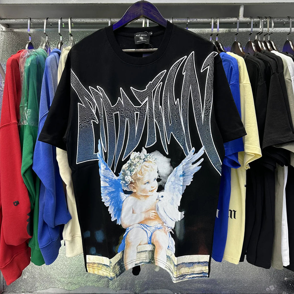 MIXED EMOTION Shirt Rhinestone Short Sleeve Men Women T-shirt Streetwear 100% Cotton Loose Round Neck Top Tees Oversized Tee Top - Matrix Studios