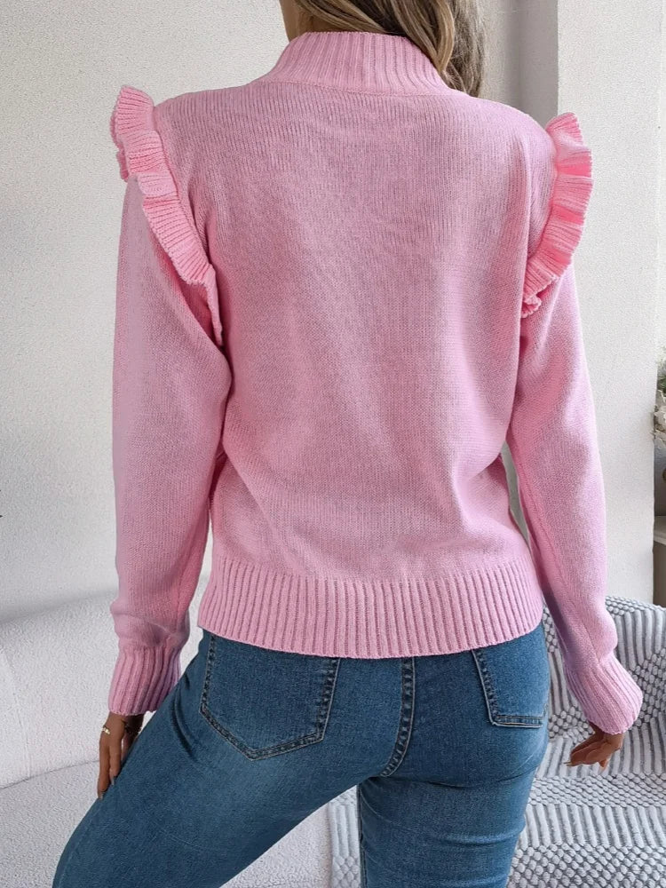 Fall Mushroom Edge Long Sleeve Stand Up Collar Sweater for Women Stylish Loose Solid Color Pullover Casual Ruffled Sweaters Tops - Matrix Studios