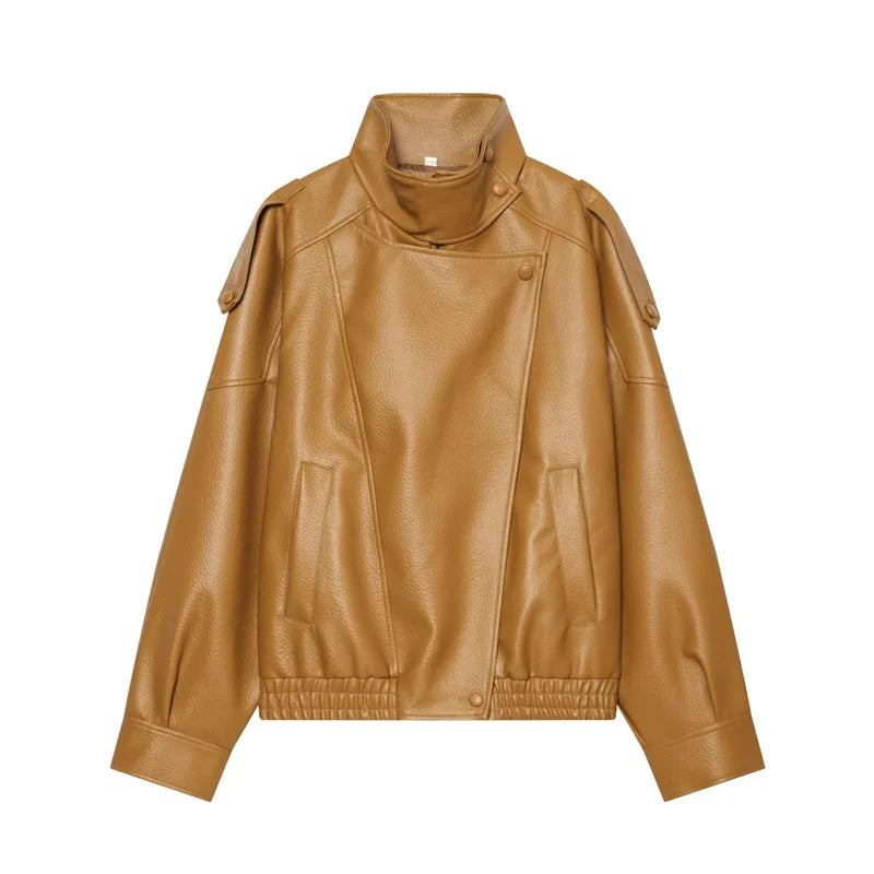 Women's Jacket 2026 Autunm  New Black Long Sleeve Pebble Faux Leather Jacket Motorcycle Style Personality Fashion - Matrix Studios