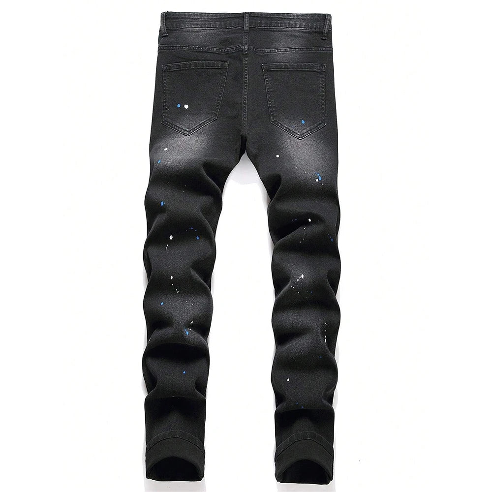 Men's Y2K Fashion Ripped Patchwork Hole Straight Black Jeans Slim Fit Stretchy Skinny Denim Pants Casual Hip Hop Brand Trousers - Matrix Studios