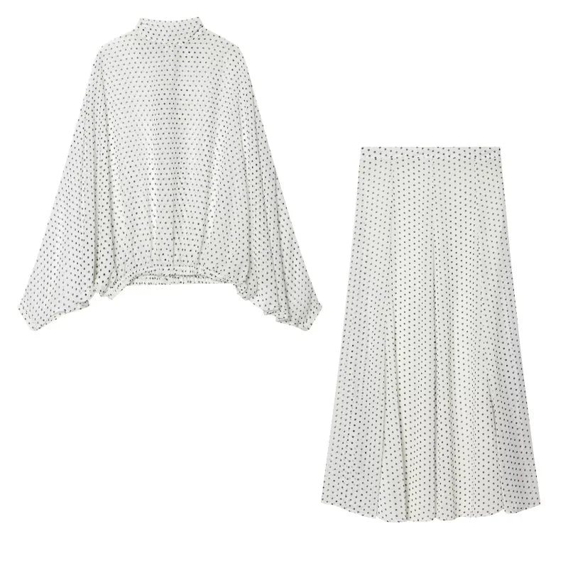 ETJ Women's Polka Dot Blouse Skirt Set 2026 Spring High Neck Batwing Sleeve Sheer Front Tie Bow Midi A-Line Dress Set - Matrix-studios.com
