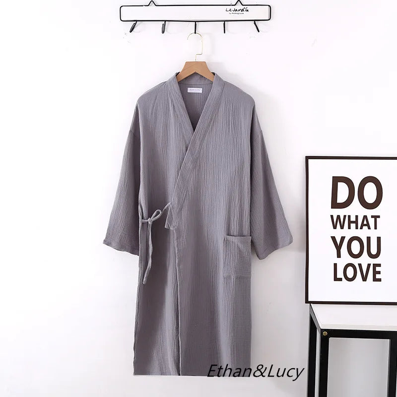 Couples Crepe Gauze Bathrobe Solid 100% Cotton Robe Long-sleeved V-neck Kimono Wedding Robes Sleepwear Plus Size Dressing Gown - Matrix-studios.com
