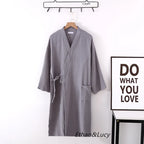 Couples Crepe Gauze Bathrobe Solid 100% Cotton Robe Long-sleeved V-neck Kimono Wedding Robes Sleepwear Plus Size Dressing Gown - Matrix-studios.com