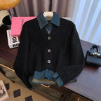 2025 Autumn Winter New Retro Fake Two-Piece knitted Cardigan Sweater Women's Fashion Spliced Denim Short Coat Female Casual Tops - Matrix Studios